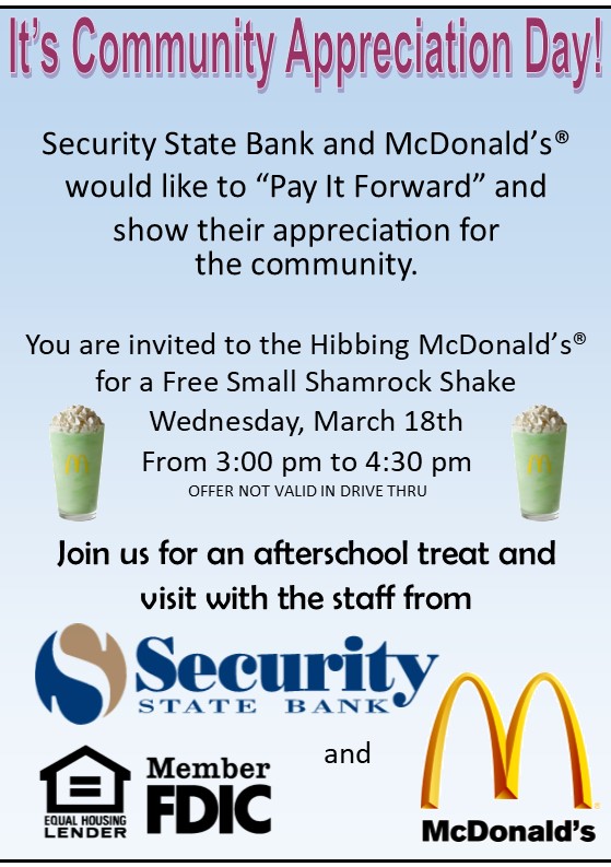 Image of Security State Bank and McDonald's Shamrock Shake Flyer.