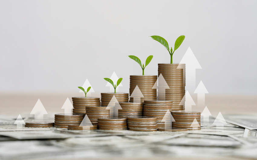 Stacks of coins with seedlings on top and up arrows overlaid
